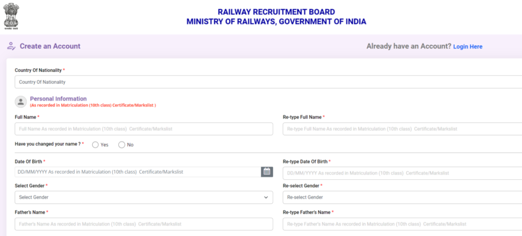 RRB Railway technician Apply Online form